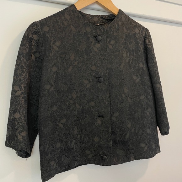 Vintage Black Brocade Jacquard Collarless Cropped Jacket 3/4 Sleeve - Picture 5 of 9